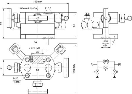 Габаритные размеры клапанного блока БКН3-4-10